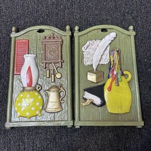 MCM‎ Vintage Plaster Hand painted Kitchen Wall Plaque Set of 2